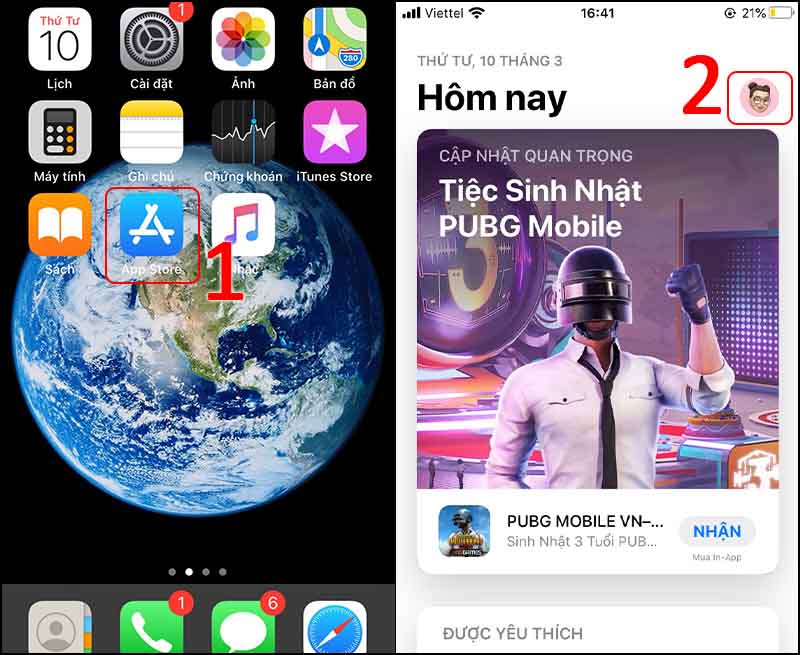Chọn App Store > Chọn biểu tượng có hình Avatar của bạn như hình minh họa.